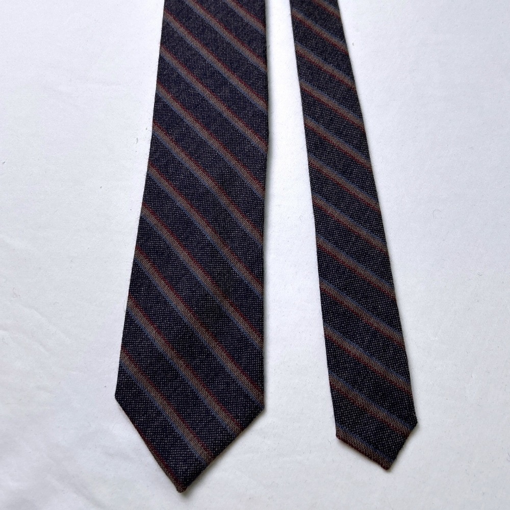 Van Boven Mens Vintage Wool Striped Skinny Necktie Navy Burgundy Preppy Classic